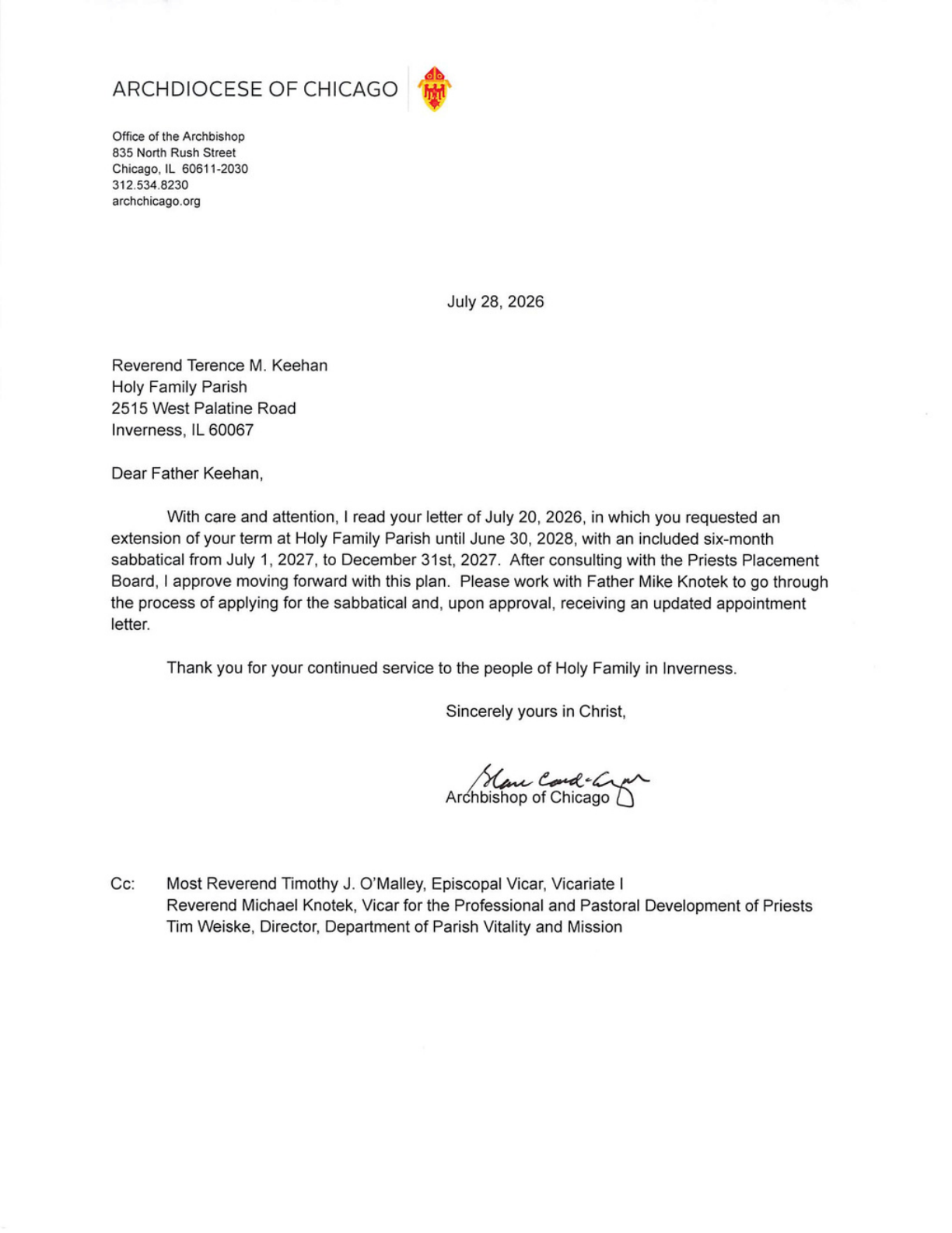 Letter from Cardinal Blase J. Cupich to Fr. Terry Keehan regarding sabbatical and retirement timeline